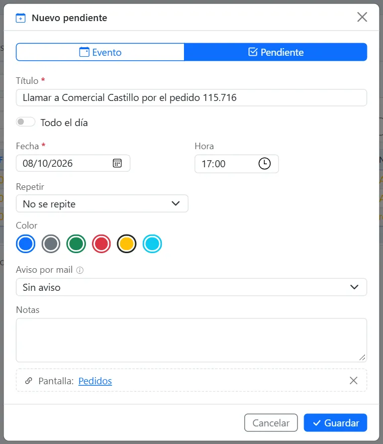 Nuevo pendiente creado desde Pedidos: título, fecha, hora y la pantalla enlazada