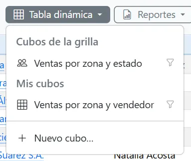 Menú de Tabla dinámica: Cubos de la grilla, Mis cubos y Nuevo cubo