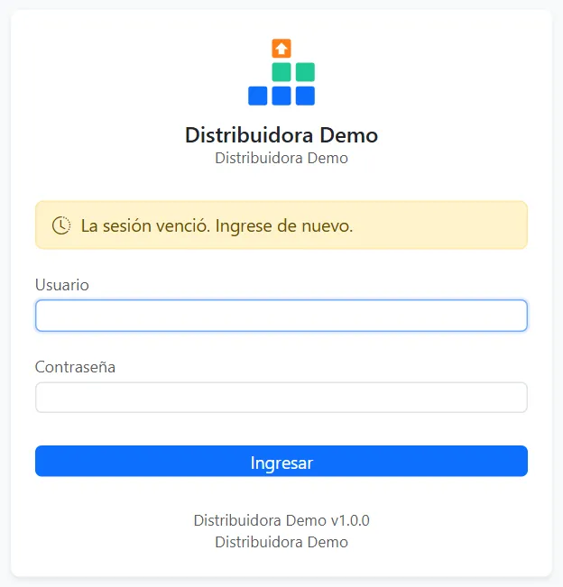 Pantalla de ingreso con el aviso “La sesión venció. Ingrese de nuevo.”