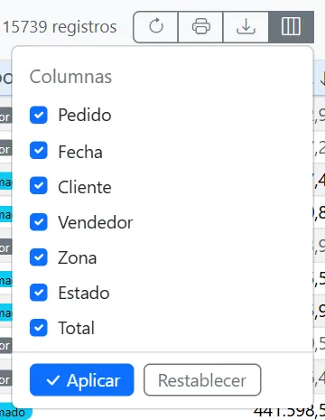 Elegir columnas: la lista con una casilla por columna, Aplicar y Restablecer