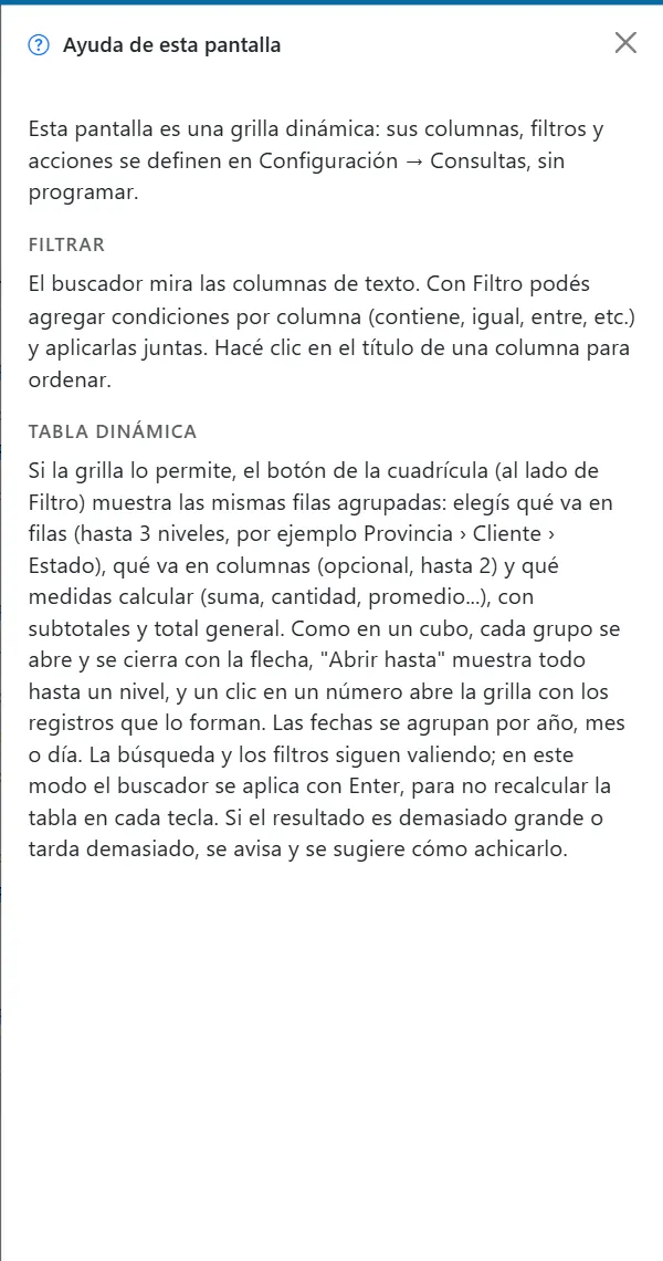 Panel de ayuda abierto a la derecha de la pantalla